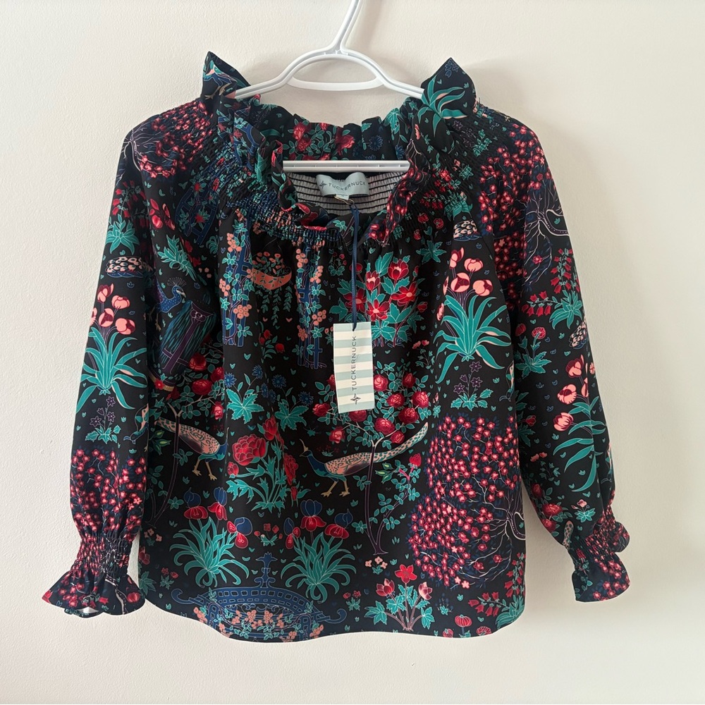 NWT Tuckernuck Marguerite Black Midnight Garden Floral Print Off Shoulder Top S